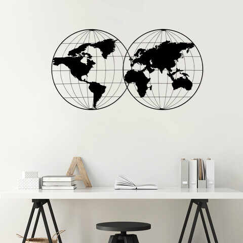Decoratiune de perete, World Map 18, Metal, Dimensiune: 113 x 60 cm, Negru