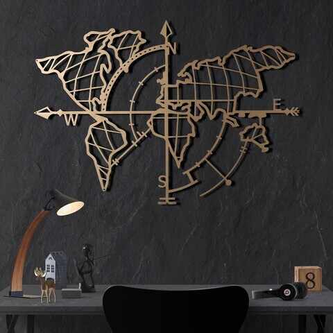 Decoratiune de perete, World Map Compass Gold, Metal, Dimensiune: 65 x 95 cm, Auriu