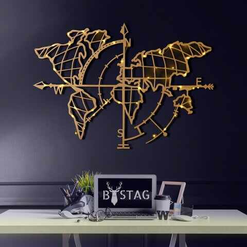 Decoratiune de perete, World Map Compass Led, Metal, Dimensiune: 65 x 95 cm, Auriu