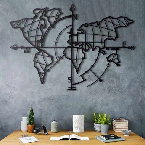 Decoratiune de perete, World Map Compass, Metal, Dimensiune: 65 x 95 cm, Negru