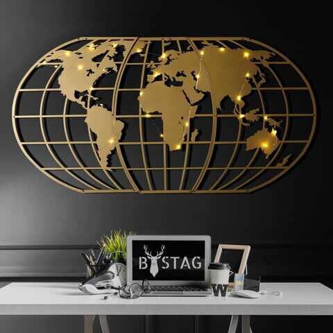 Decoratiune de perete, World Map Globe Led, Metal, Dimensiune: 60 x 120 cm, Auriu