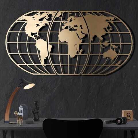 Decoratiune de perete, World Map Globe, Metal, Dimensiune: 60 x 120 cm, Auriu