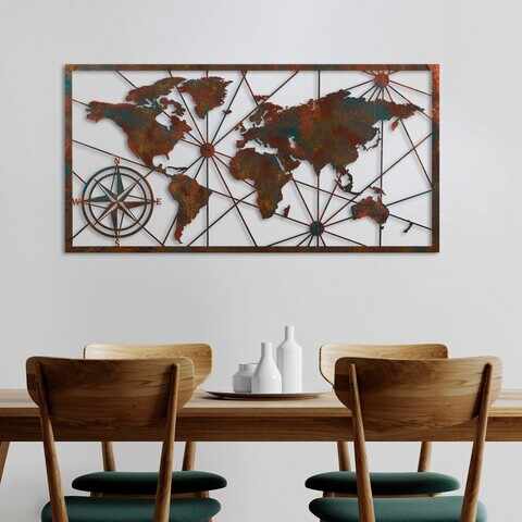 Decoratiune de perete, World Map Large, Metal, Latime: 120 cm / Inaltime: 60 cm, Multicolor