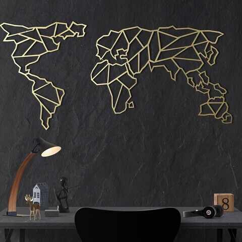 Decoratiune de perete, World Map, Metal, Dimensiune: 60 x 120 cm, Auriu