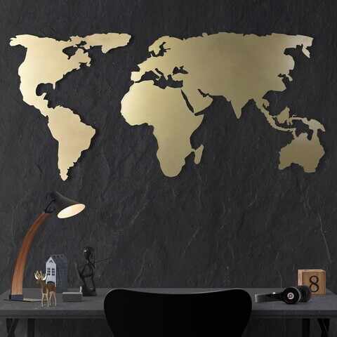 Decoratiune de perete, World Map Silhouette XL, Metal, Dimensiune: 85 x 170 cm, Auriu