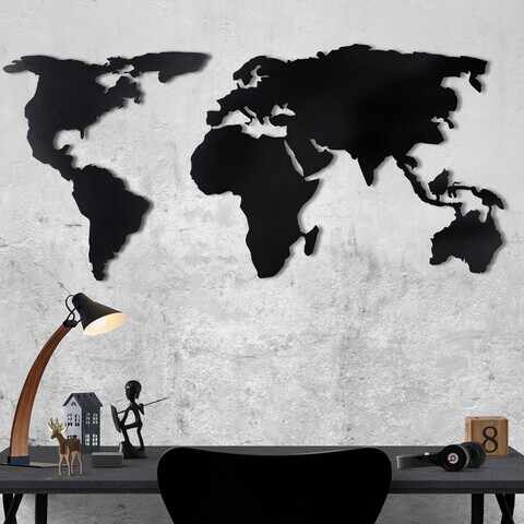 Decoratiune de perete, World Map Silhouette XL, Metal, Dimensiune: 85 x 170 cm, Negru