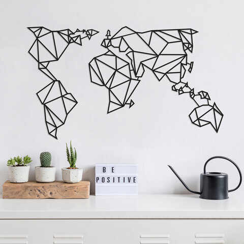 Decoratiune de perete, World Map2, Metal, 100 x 58 cm, Negru