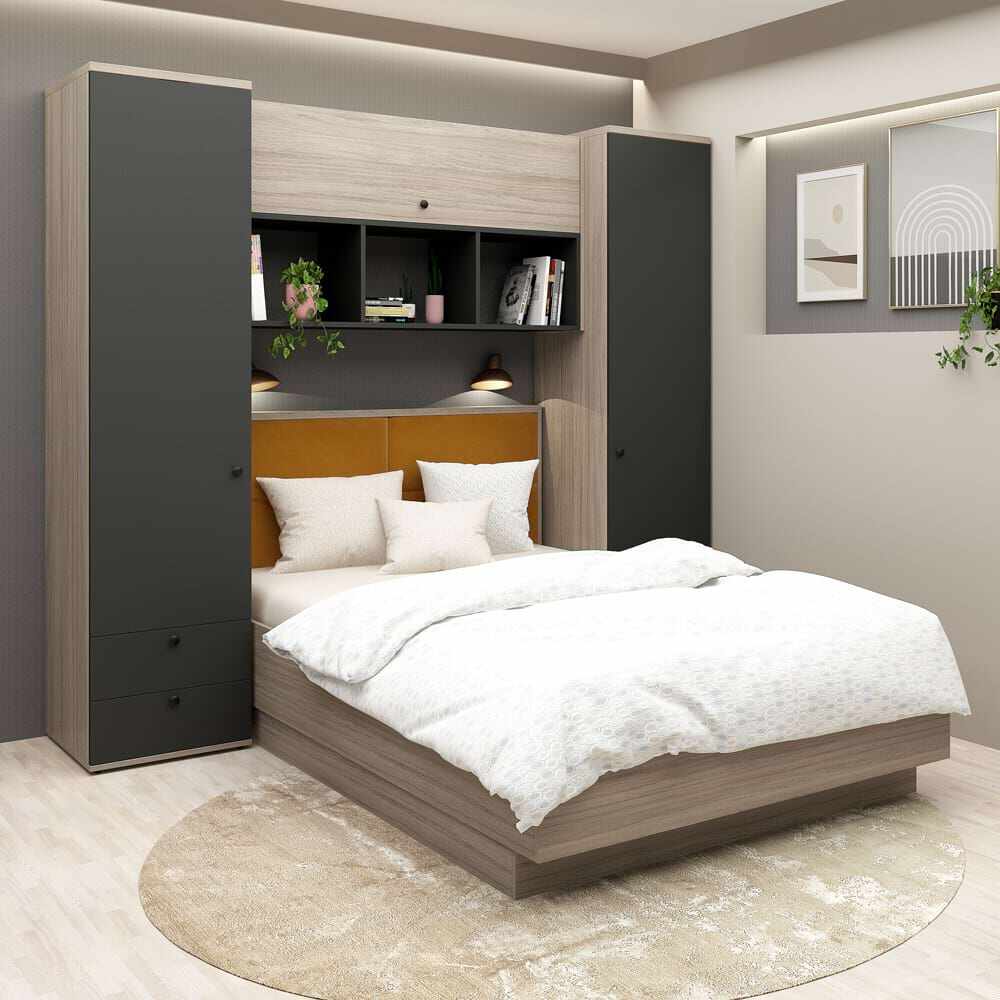 Dormitor RIALTO 1, pat incadrat, Oak, Antracit, Catifea Galben Mustar