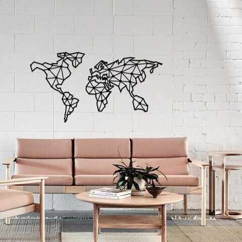Decoratiune de perete, World Map, Metal, Dimensiune: 120 x 64 cm, Negru