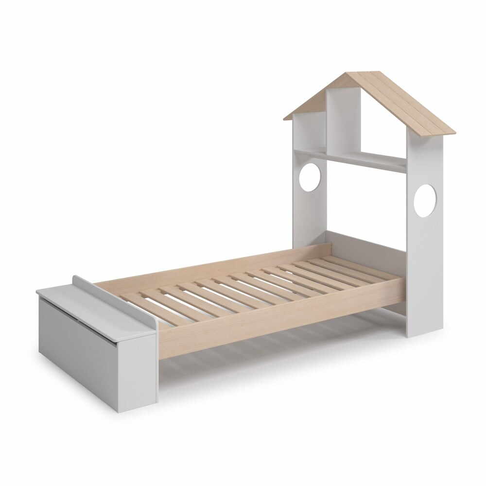Pat pentru copii alb/natural de tip casă cu aspect de lemn de pin cu spațiu de depozitare 90x190 cm Odessa – Marckeric