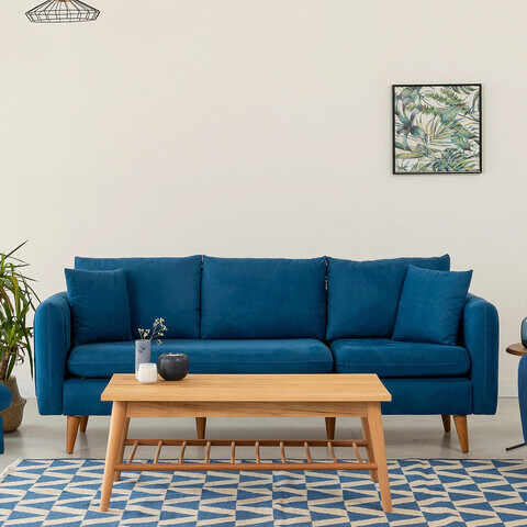 Canapea 3 locuri, Unique Design, 867UNQ1355, Lemn de pin, Albastru inchis