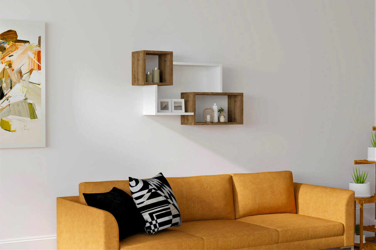 Raft de perete, Puqa Design, Afro, 90.6x51x22 cm, PAL, Alb/Maro