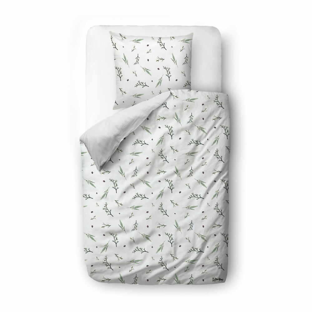 Lenjerie de pat albă din bumbac satinat pentru pat de o persoană 140x200 cm Delicate Green – Butter Kings