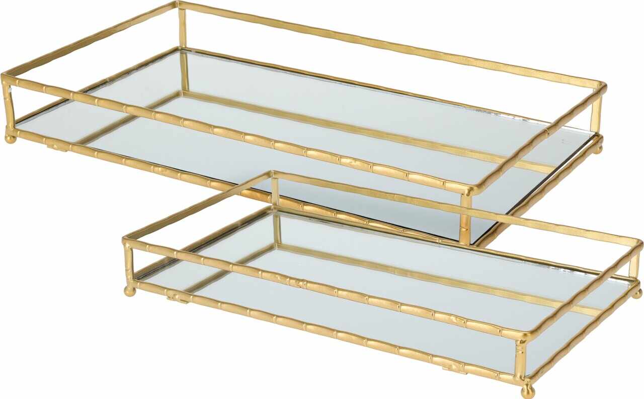 Set 2 tavi pentru servire Mirror rectangular, sticla/metal, auriu