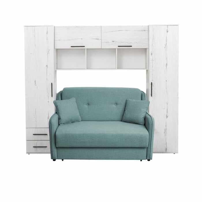 Set dormitor tineret YASMIN M1, 3 corpuri, alb Elvetia , 238x50x200 cm + Canapea GALA extensibila, 2 locuri, gri albastrui, 143x98x98 cm