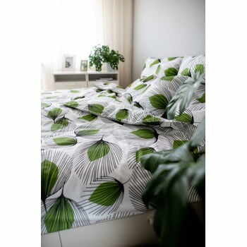 Lenjerie de pat din bumbac Cotton House Green Leaf, 140 x 200 cm, alb-verde