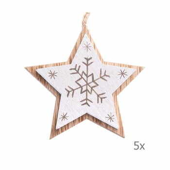 Set 5 decorațiuni suspendate din lemn în formă de stea Dakls, lungime 7,5 cm, alb