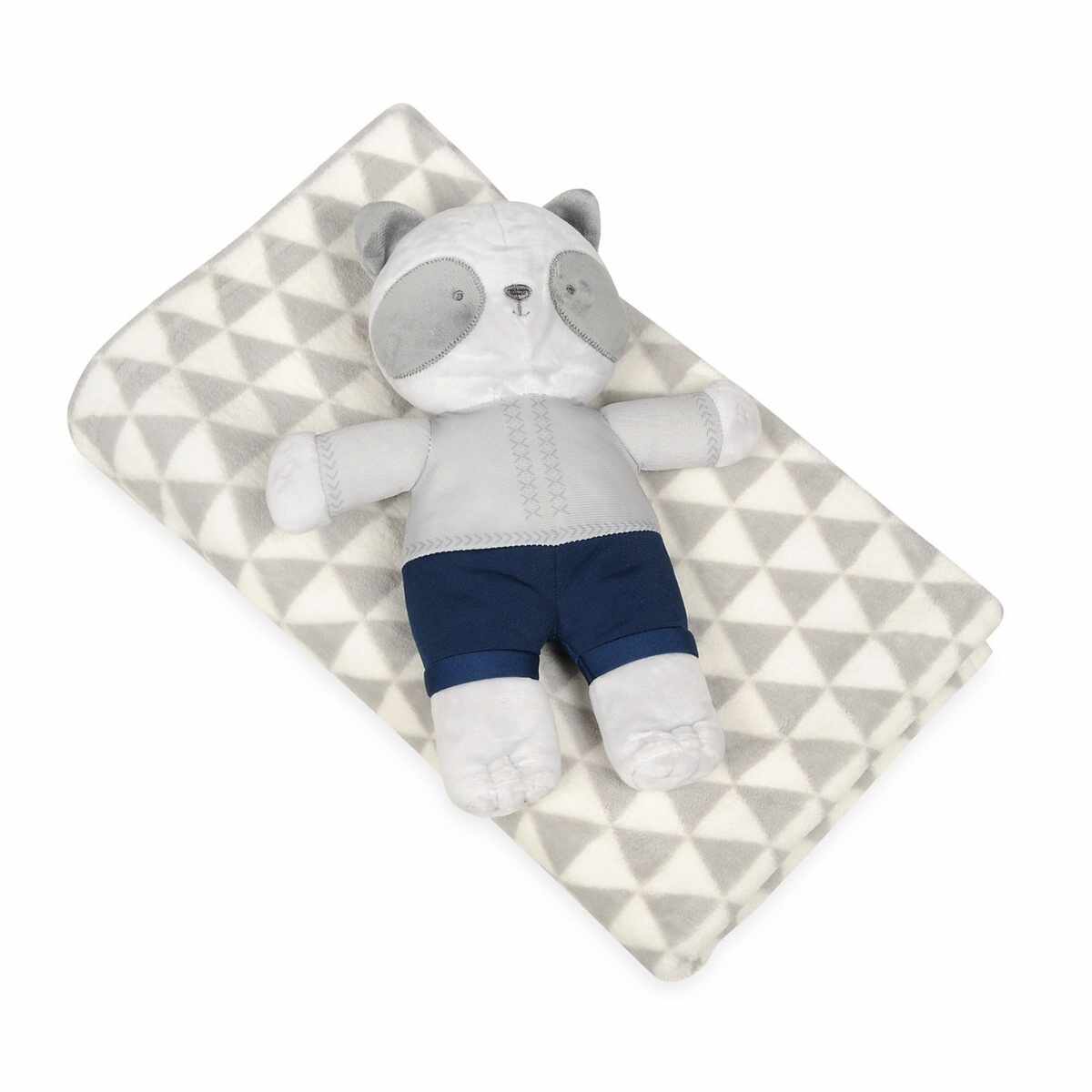 Pătură de copii, gri, cu jucărie din pluș ursuleț, 75 x 100 cm