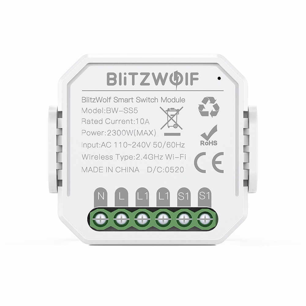Comutator smart BlitzWolf BW-SS5, 1 Canal, Wi-Fi, Distanta operare 100 m, 2300 W