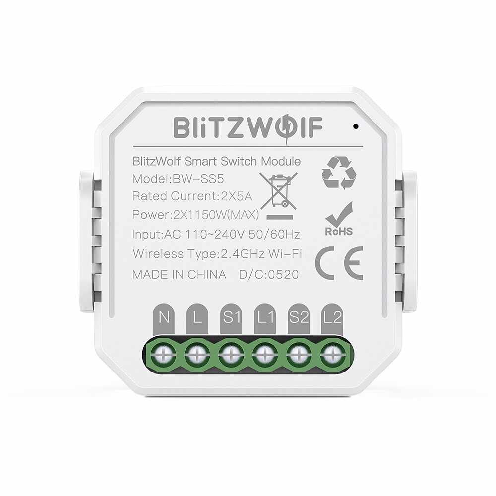 Comutator smart BlitzWolf BW-SS5, 2 Canale, Wi-Fi, Distanta operare 100 m, 2300 W