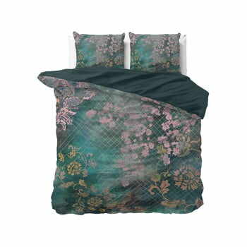 Lenjerie din bumbac pentru pat dublu Pure Cotton Tiran Flower Green, 200 x 200 cm