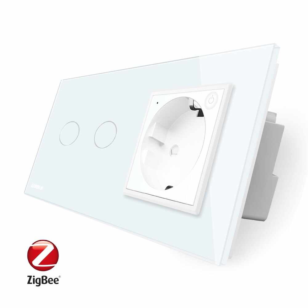 Intrerupator dublu ZigBee + priza simpla ZigBee Livolo, rama din sticla, Control de pe telefon