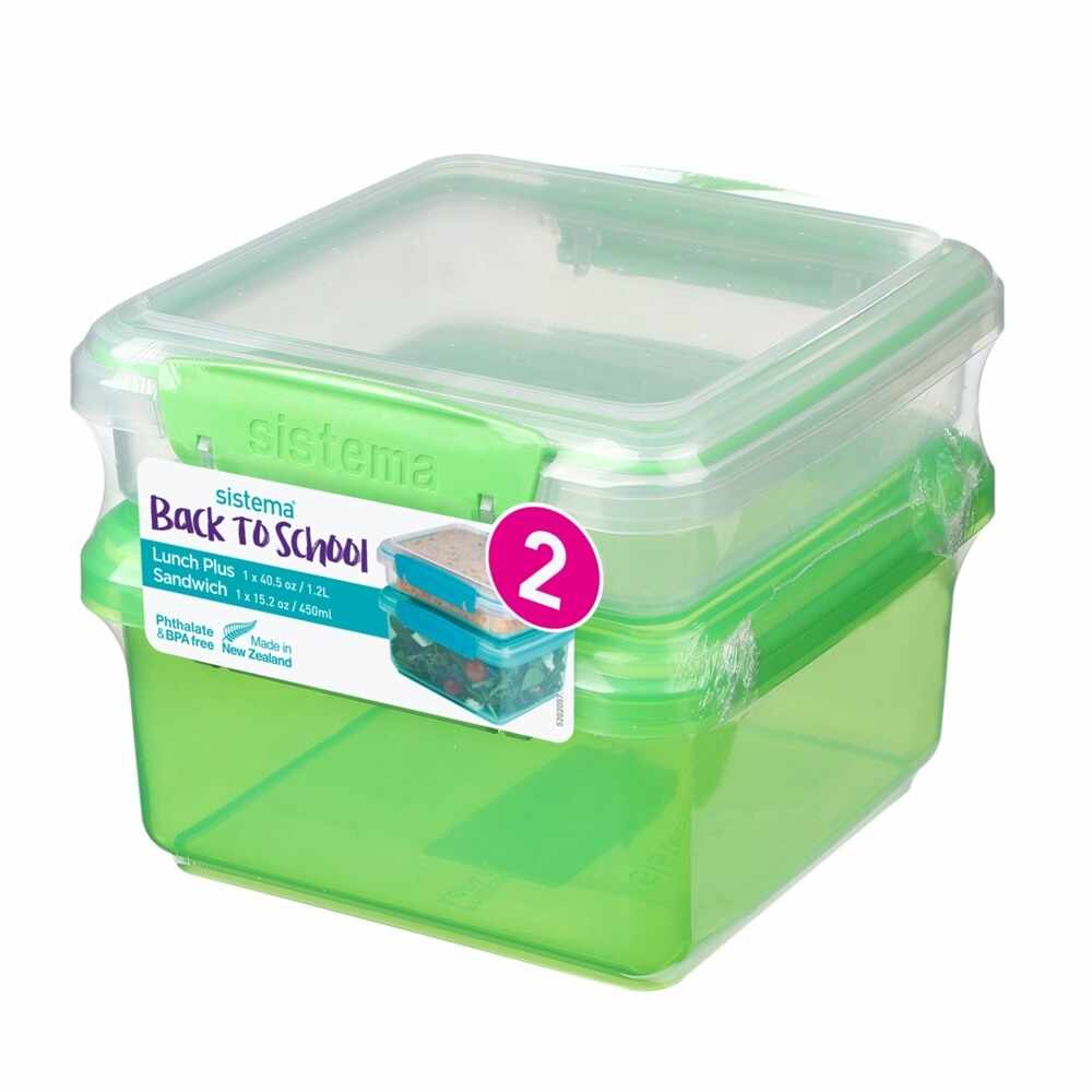 Set 2 cutii depozitare alimente plastic Sistema Lunch Plus 1.2 L si Sandwich To Go 450 ml