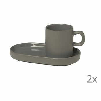 Set 2 cești cu farfurioară pentru espresso din ceramică Blomus Pilar, 50 ml, gri închis