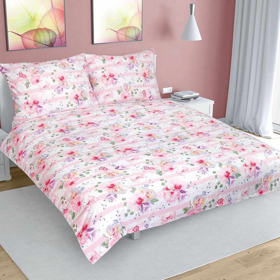 Lenjerie de pat din bumbac Floare cu dungi, roz, 200 x 220 cm, 2 buc. 70 x 90 cm