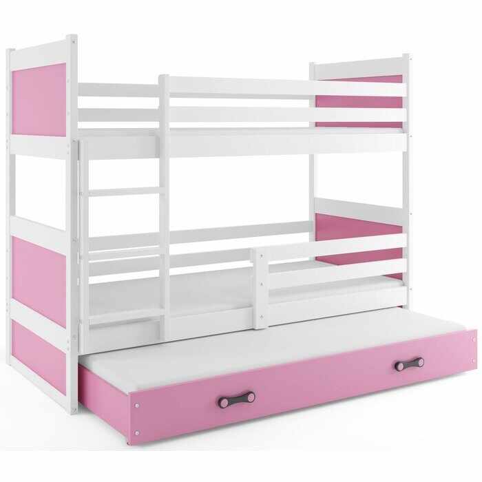 Pat supraetajat cu sertar și canapea Yoselin, lemn, alb/roz, 154 x 97 x 196 cm