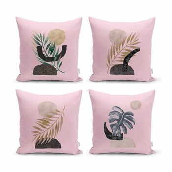 Set 4 fețe de pernă decorative Minimalist Cushion Covers Geometric Leaf Pink, 45 x 45 cm