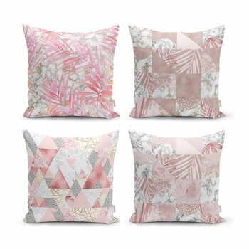 Set 4 fețe de pernă decorative Minimalist Cushion Covers Pink Leaves, 45 x 45 cm