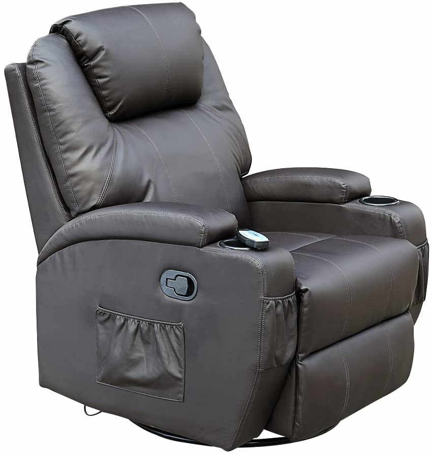 Fotoliu recliner Cinemo, cu masaj, incalzire, rotativ si cu suport pentru bauturi, piele naturala, negru