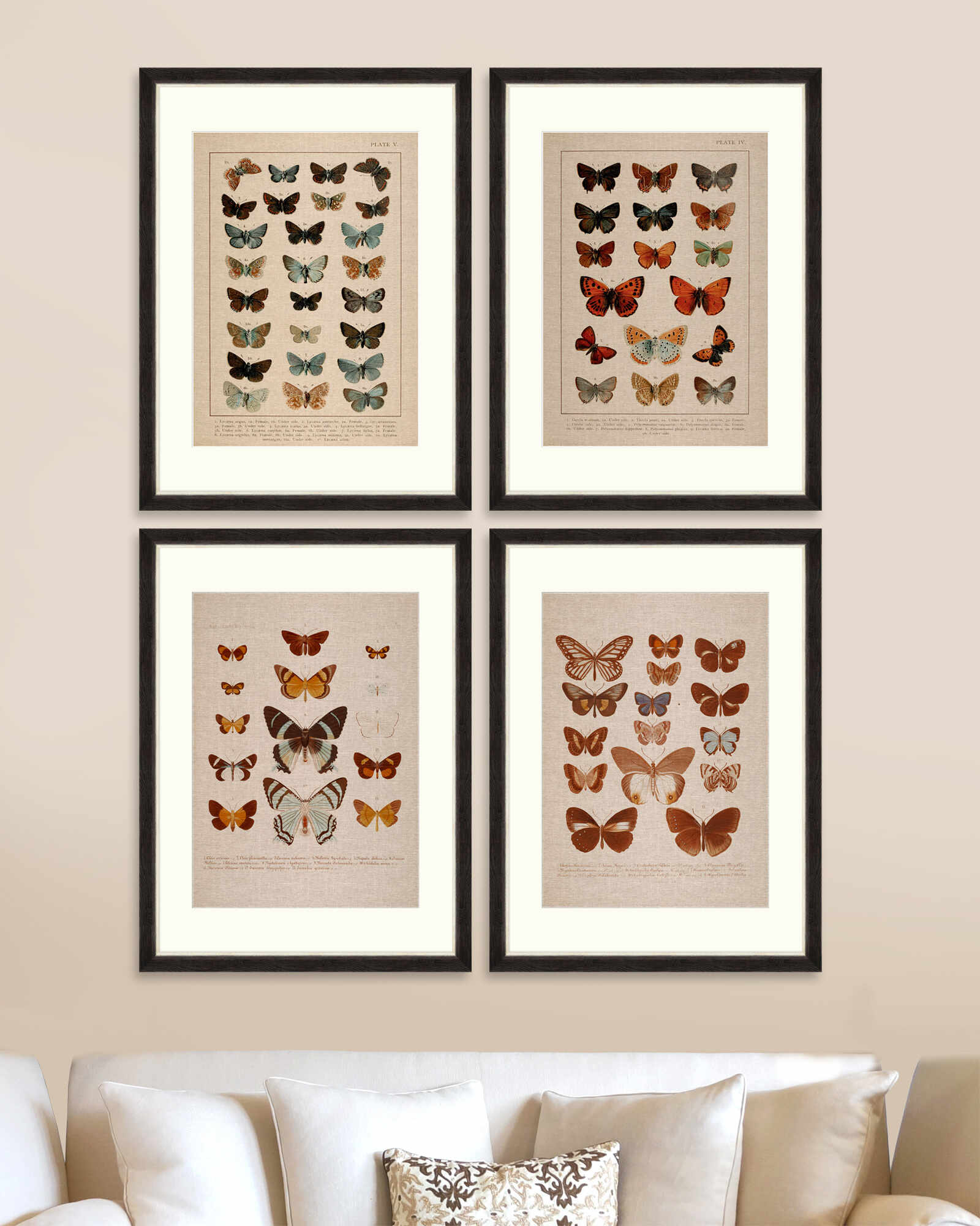Tablou 4 piese Framed Linen Butterflies Plate I & IV