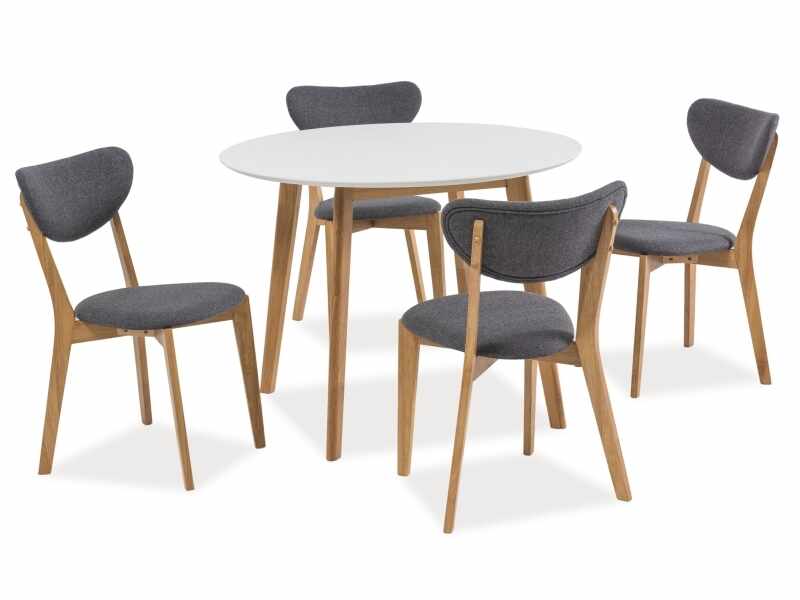 Set masa din MDF si lemn Mosso II Alb / Stejar + 4 scaune tapitate cu stofa Andre Gri / Stejar, Ø100xH75 cm