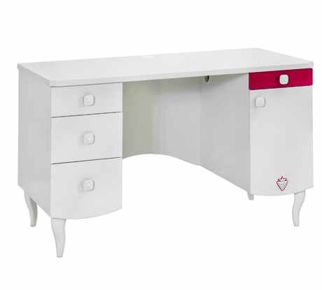 Masa de birou din pal cu 4 sertare si 1 usa, pentru fete si tineret Yakut White / Dark Pink, L124xl61xH75 cm