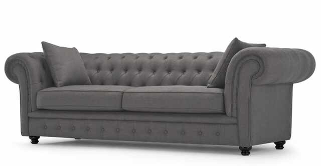 Canapea fixa tapitata cu stofa, 3 locuri Chesterfield All Grey, l216xA95xH76 cm