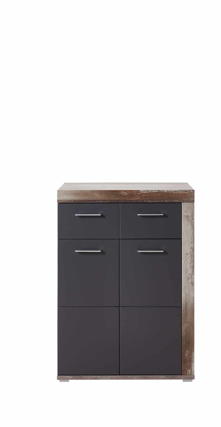 Cabinet din pal si MDF, cu 1 sertar si 2 usi Krone Grafit / Natur, l77xA38xH107 cm