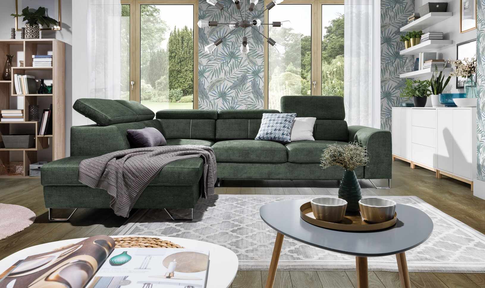 Coltar extensibil cu lada de depozitare, cu sezlong pe stanga, tapitat cu stofa, Asti Verde, l280xA225xH77 cm