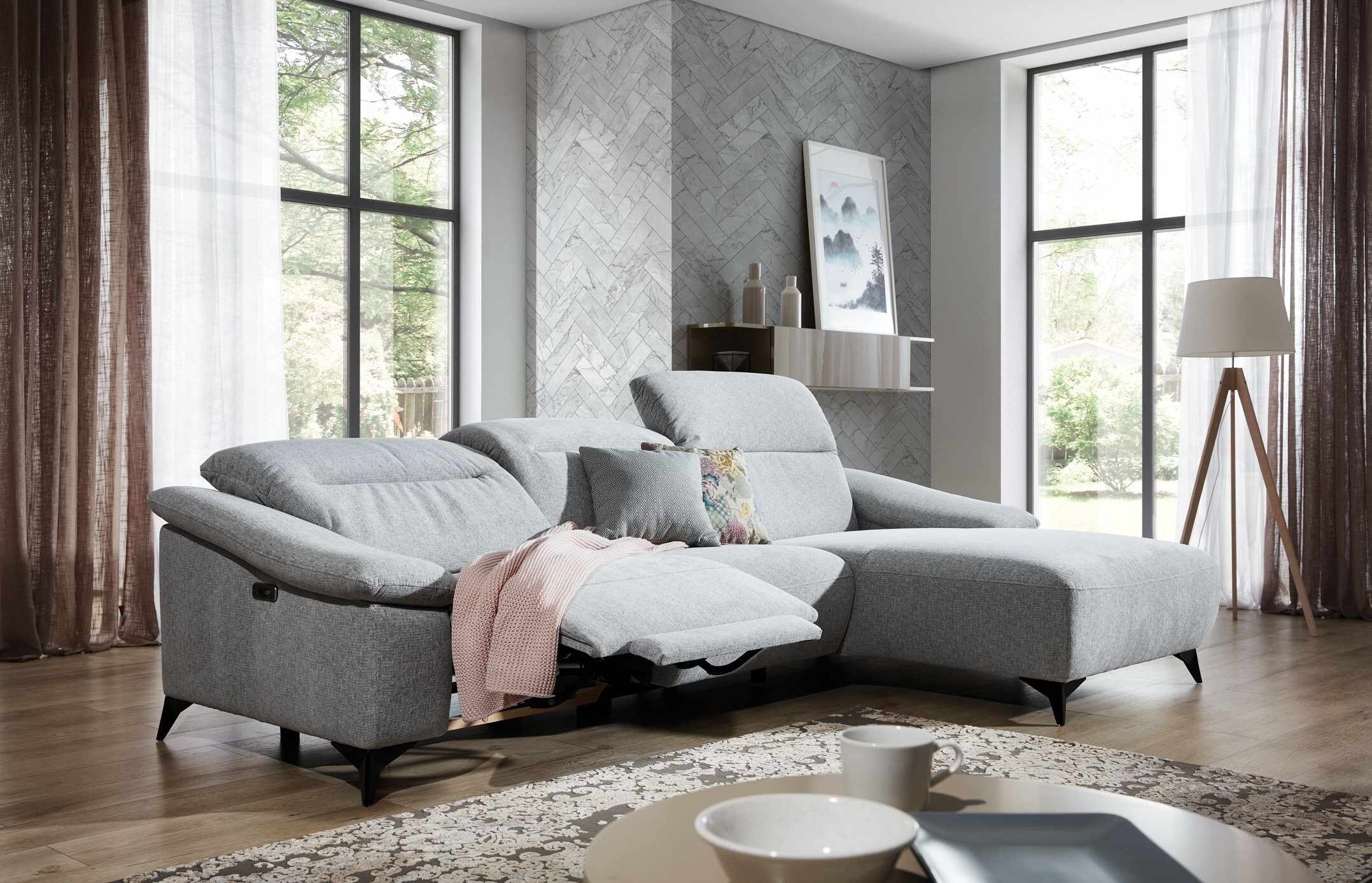 Coltar fix cu mecanism Relax, cu sezlong pe dreapta, tapitat cu stofa, Gappa Gri, l290xA170xH84 cm + Covor Bonus