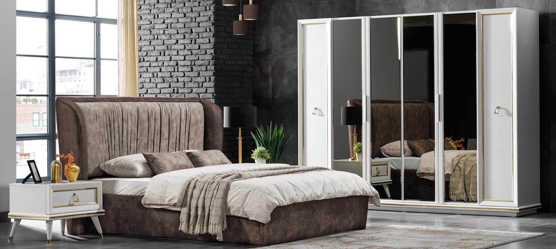 Set mobila dormitor din pal si metal, cu pat 200 x 160 cm, 6 piese Toscana Alb / Auriu