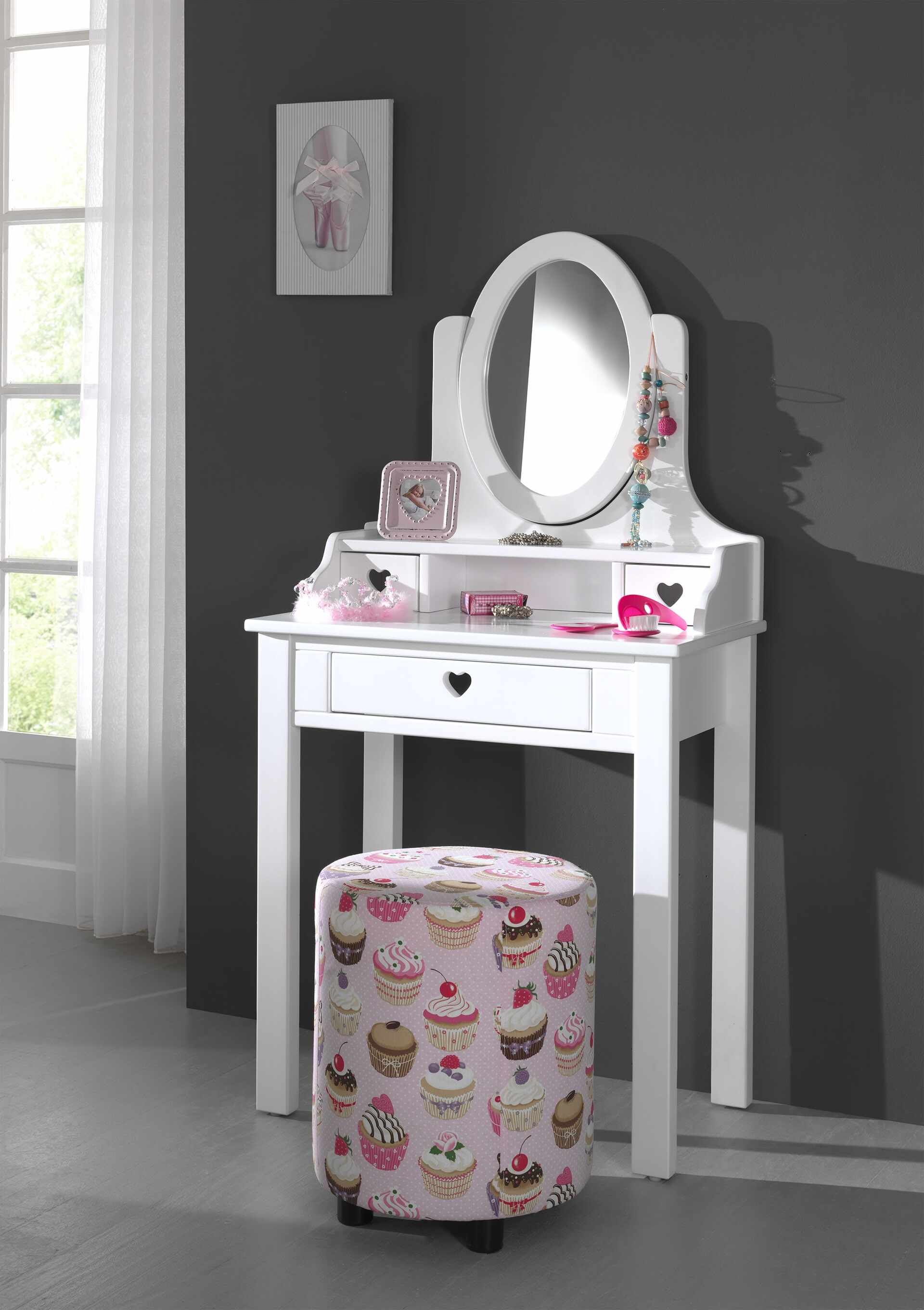 Masuta de toaleta din lemn de pin si MDF, cu oglinda si 3 sertare, pentru fete Amori Alb, L70xl40xH136 cm