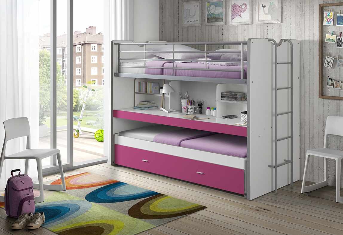 Pat etajat din pal si metal cu birou incorporat si sertar, pentru copii Bonny Alb / Fucsia, 200 x 90 cm