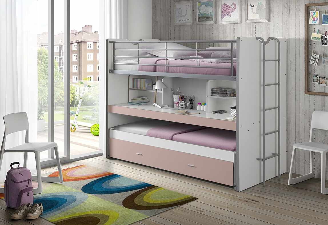 Pat etajat din pal si metal cu birou incorporat si sertar, pentru copii Bonny Alb / Roz, 200 x 90 cm