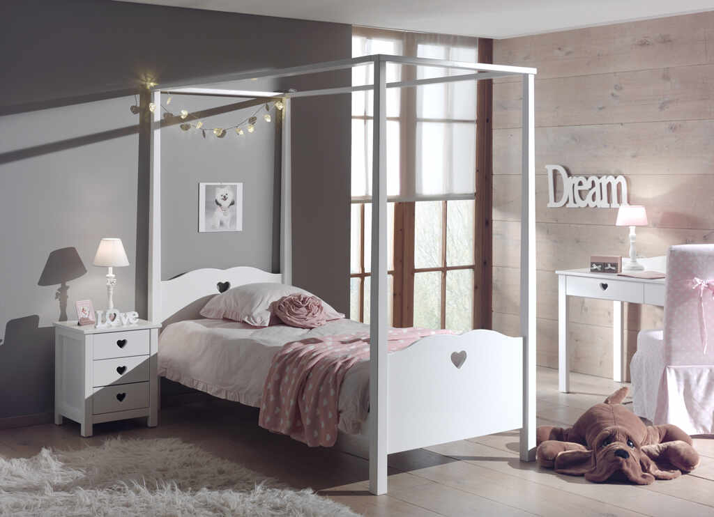 Set Mobila dormitor din lemn de pin si MDF, pentru copii 3 piese Amori Alb, 200 x 90 cm