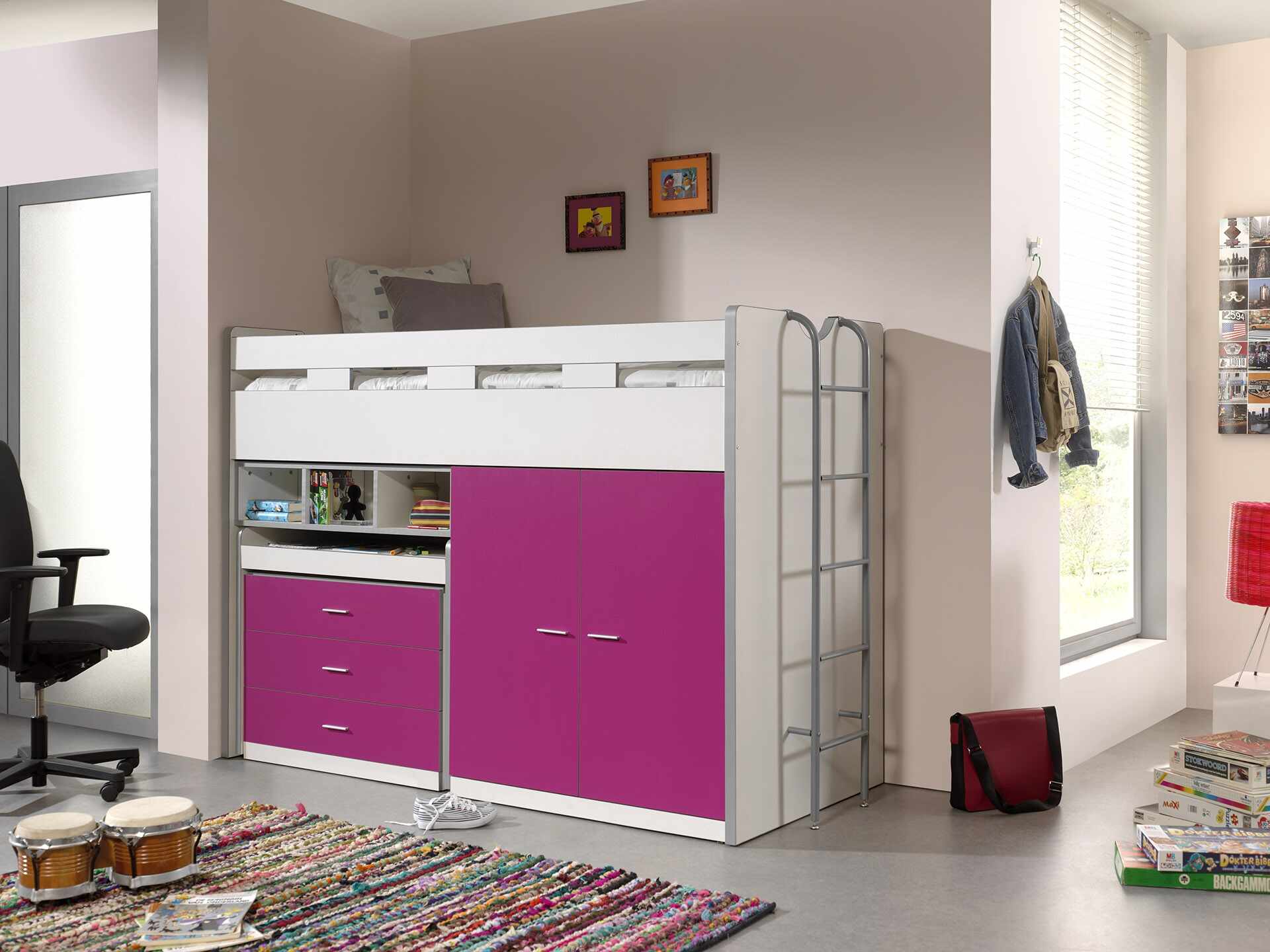 Pat etajat din pal si metal cu birou incorporat, 3 sertare si dulap, pentru copii Bonny High Alb / Fucsia, 200 x 90 cm