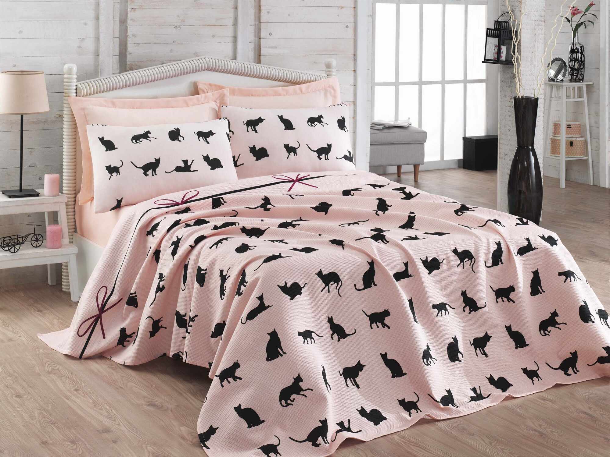 Set cuvertura de pat, Cats Roz / Negru, 4 piese, 200 x 235 cm