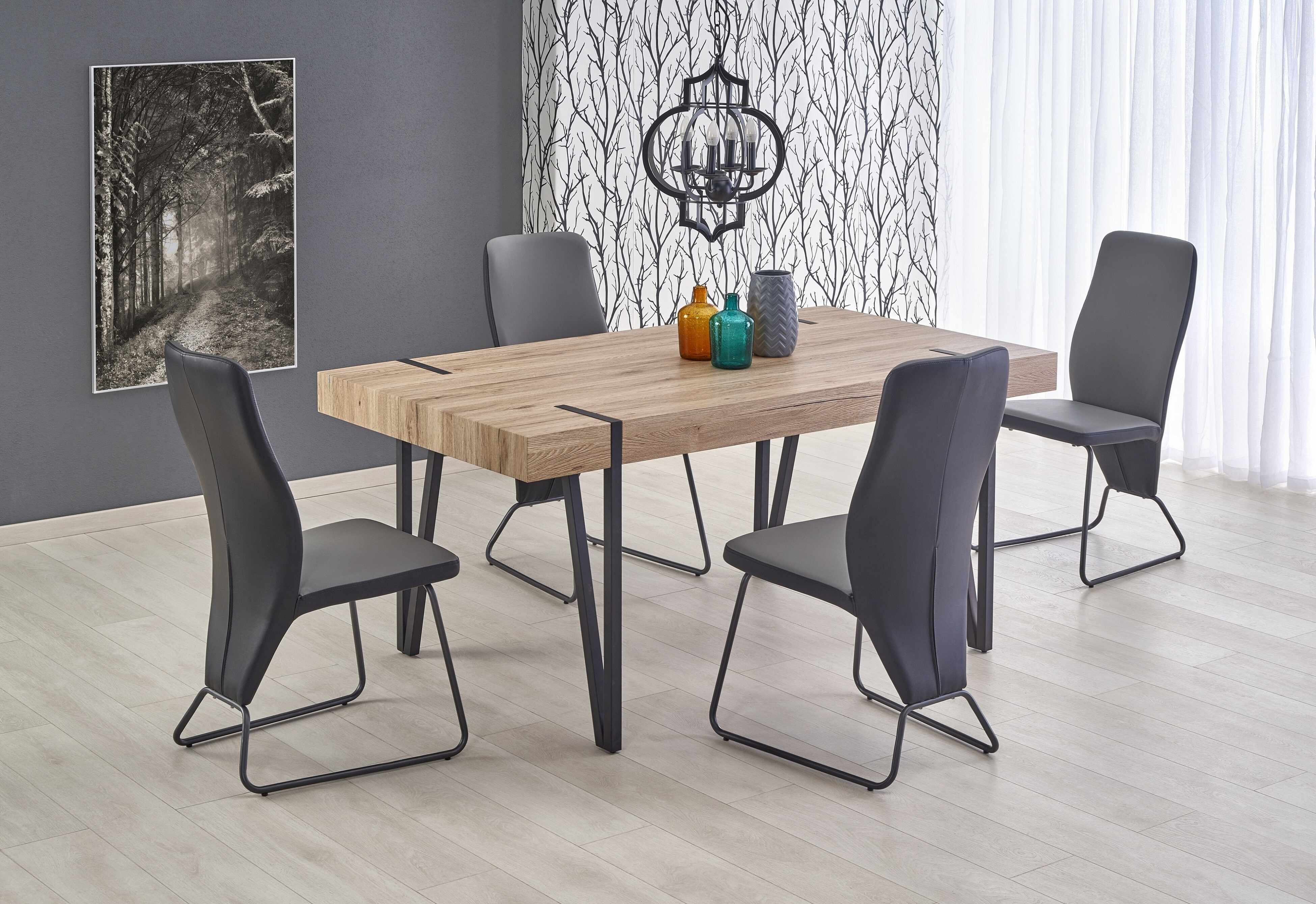 Set masa din MDF si metal Yohann San Remo Oak / Black + 4 scaune K300 Black / Grey, L170xl90xH76 cm