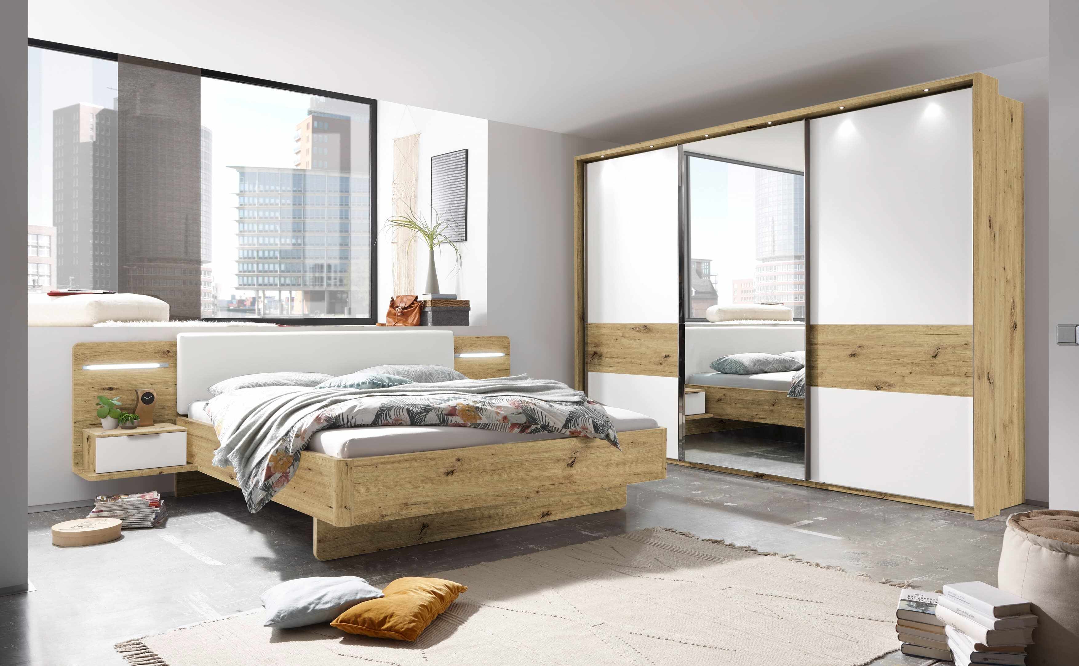  Set Mobila Dormitor din pal si piele ecologica, cu pat 200 x 180 cm, 2 piese Faris Alb / Stejar la pret 11144 lei 