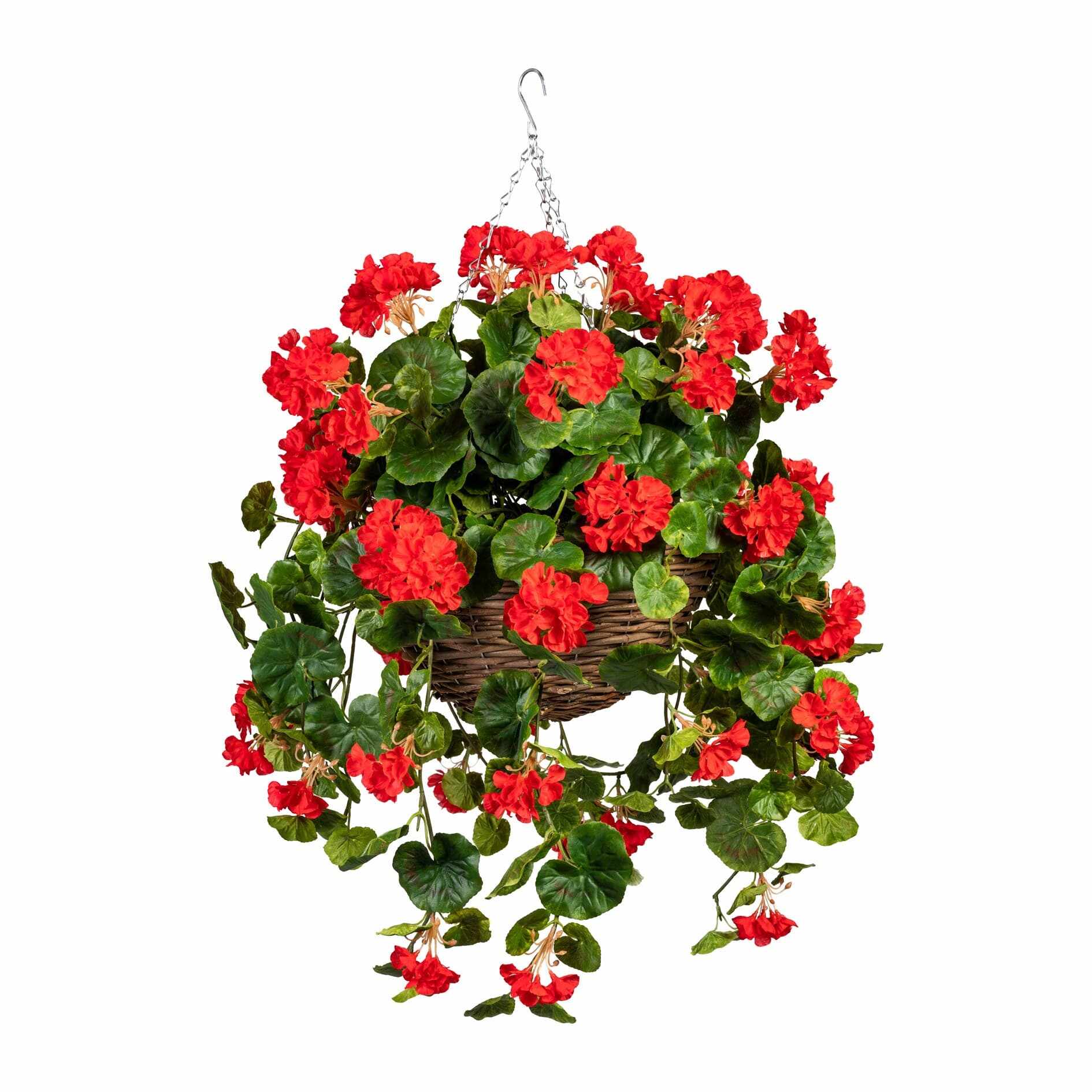 Floare artificiala in ghiveci suspendabil, Geranium Hanging Lamp Rosu, H70 cm